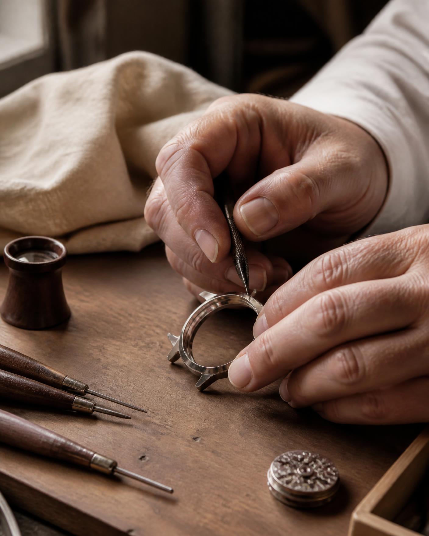 A watchmaker finishing a steel watch case by hand at a wooden bench in soft window light