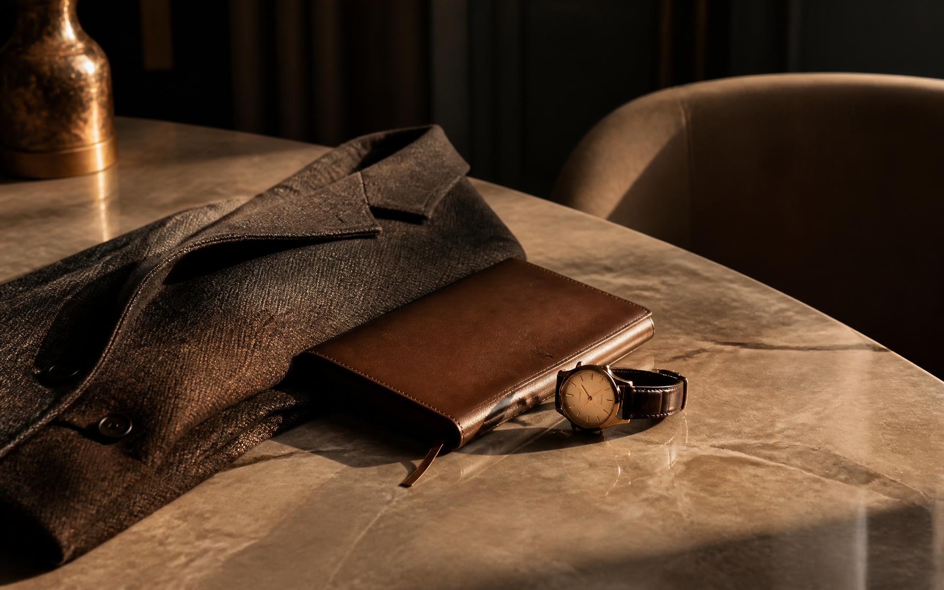 A tailored jacket, leather notebook and wristwatch resting on a stone table in warm evening light