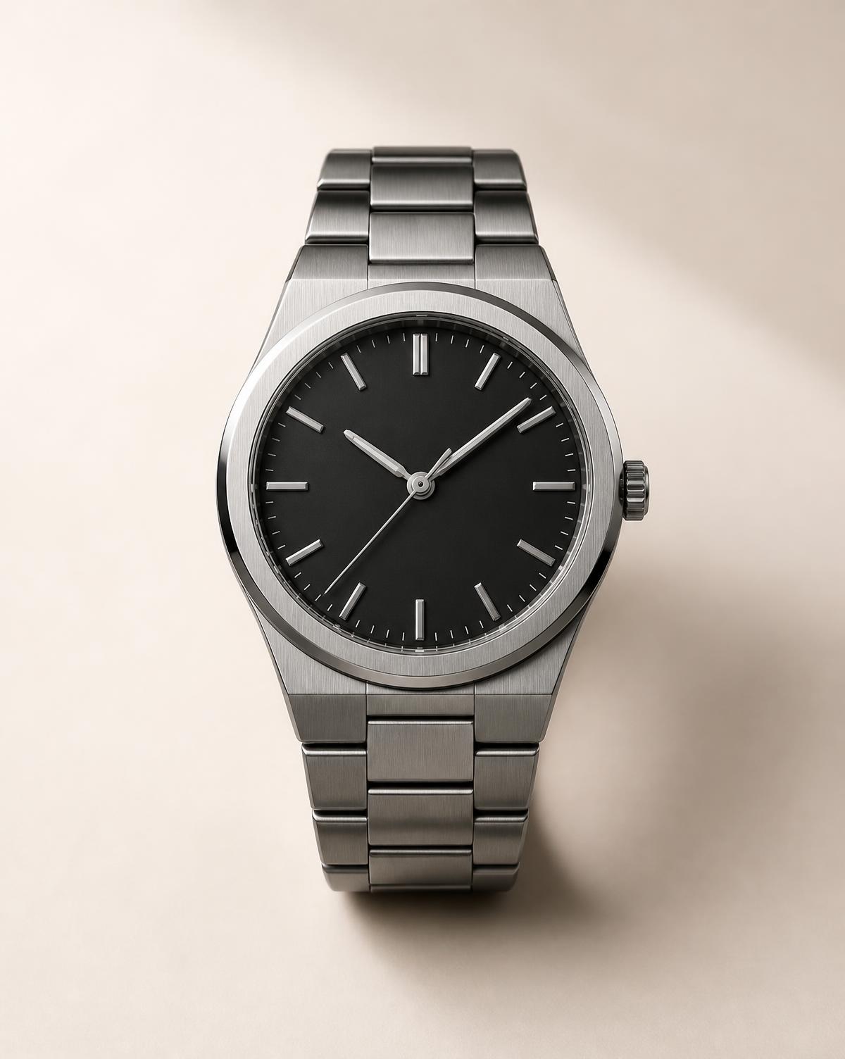 The Arc wristwatch with matte black dial and brushed steel bracelet on a warm cream background