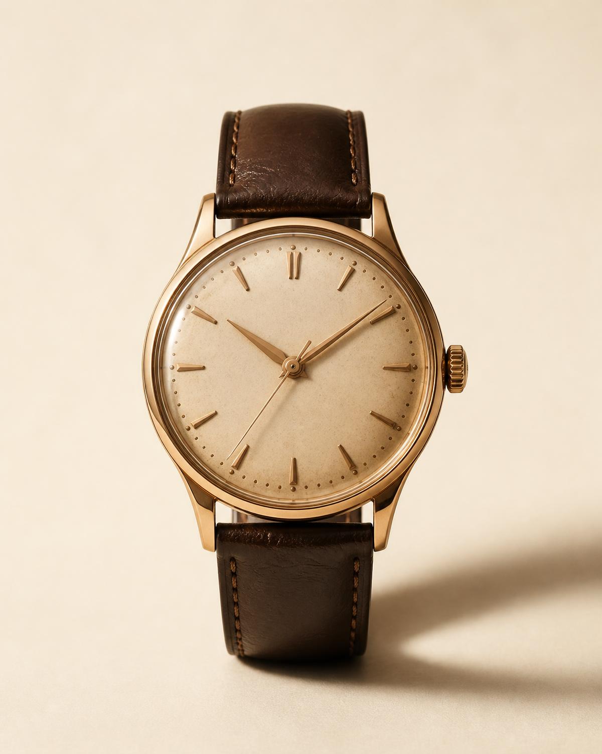 The Atelier wristwatch with warm cream dial and dark brown leather strap on a warm cream background