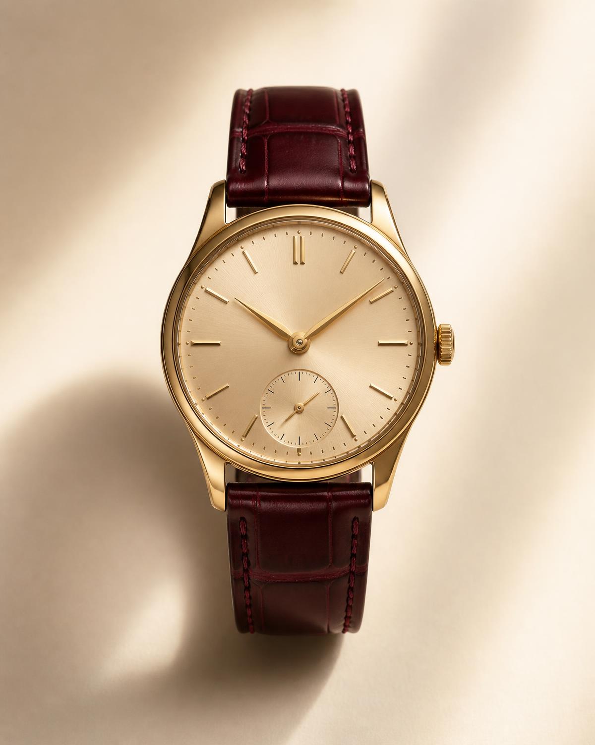 The Heritage wristwatch with champagne dial and deep burgundy leather strap on a warm cream background
