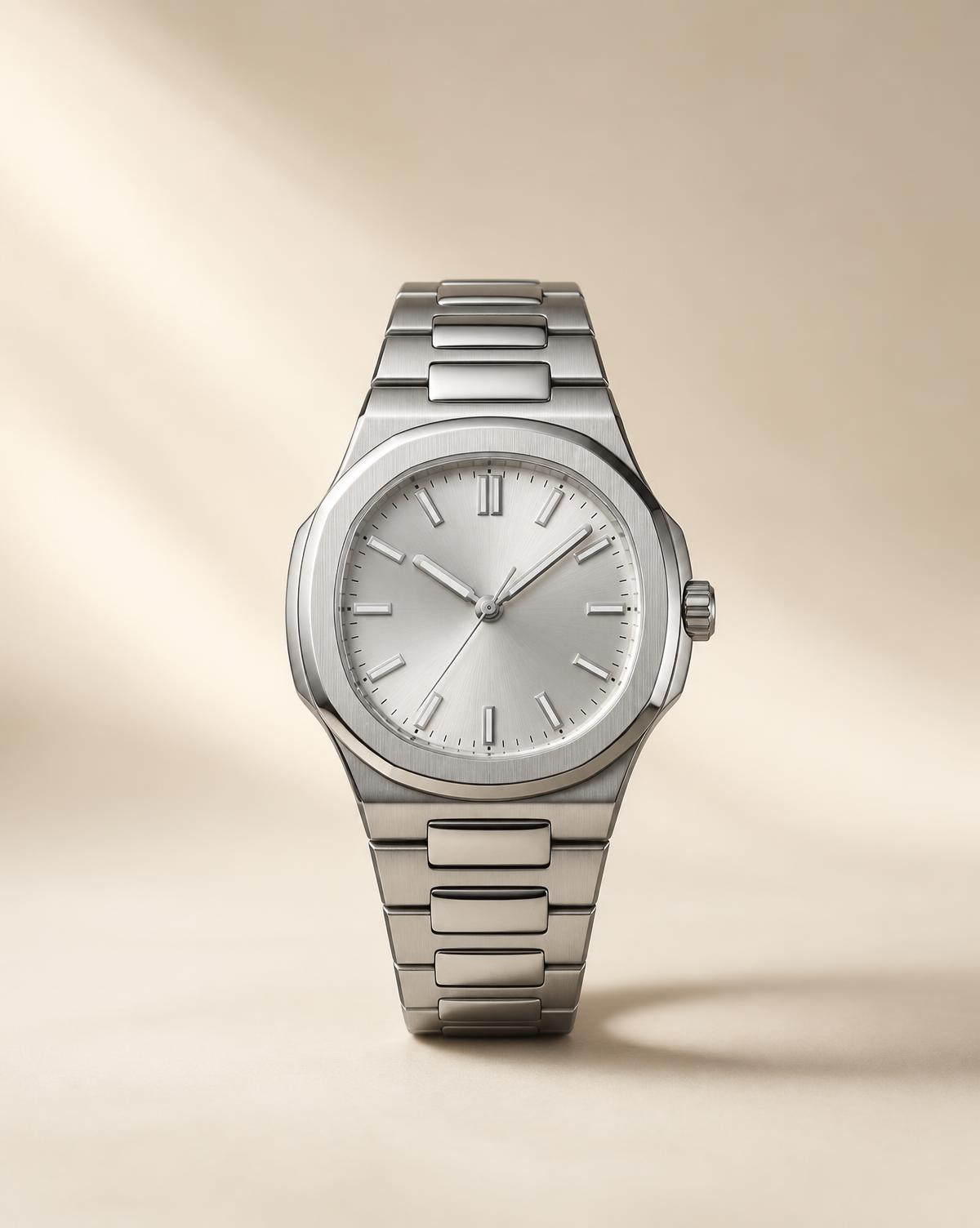 The Meridian wristwatch with silver dial and integrated steel bracelet on a warm cream background