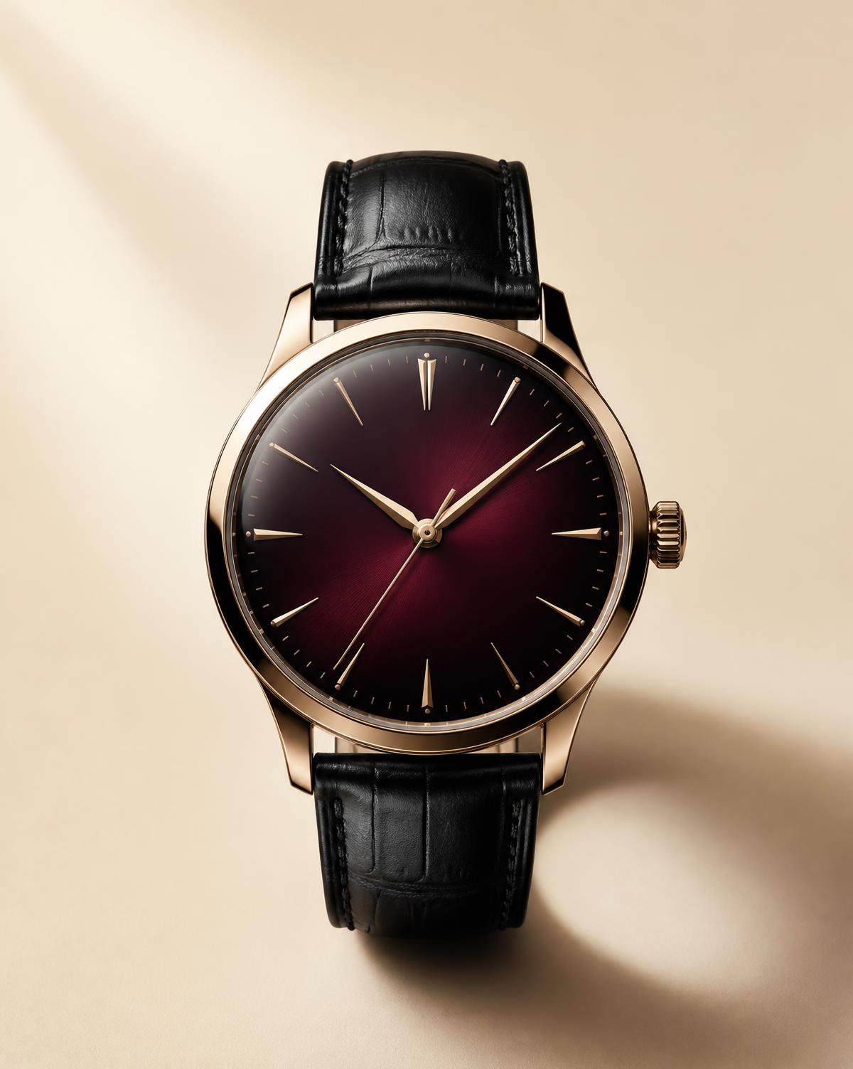 The Nocturne wristwatch with deep burgundy-black dial and black leather strap on a warm cream background